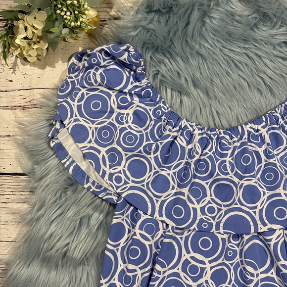 Lulu-B Blue Geometric Circle Ruffle Off Shoulder Dress - Picture 8 of 9